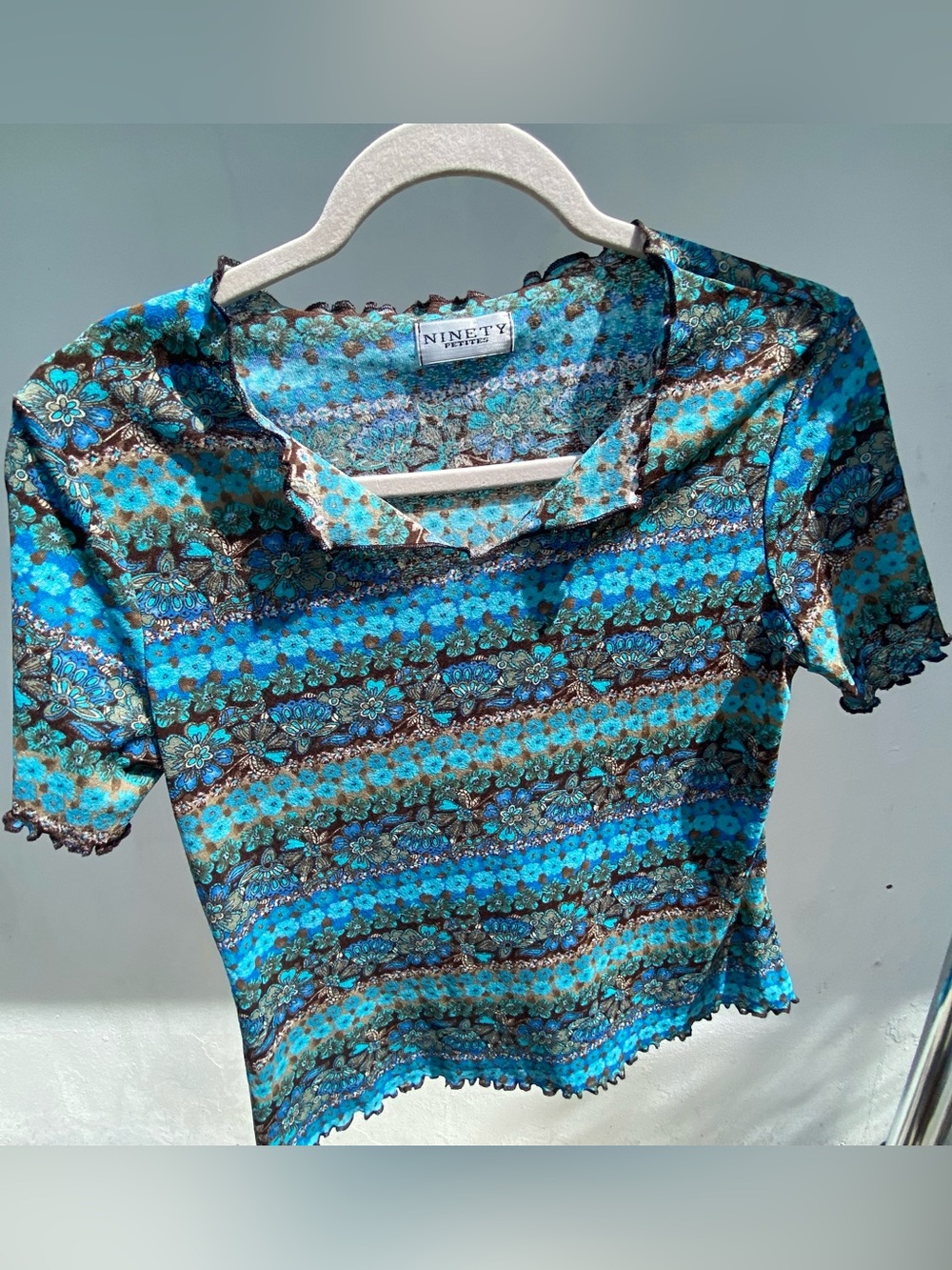 Y2K Boho Blue & Brown Floral Micro Mesh Short Sleeve Top Size Petite Medium